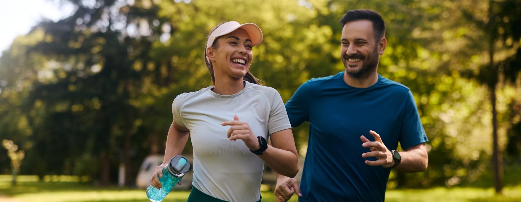 a man and woman running