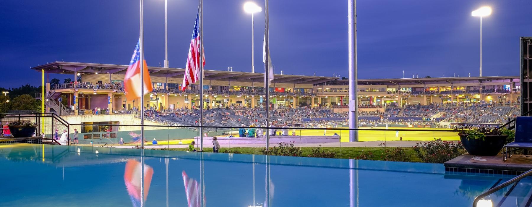 a pool with a row of flags